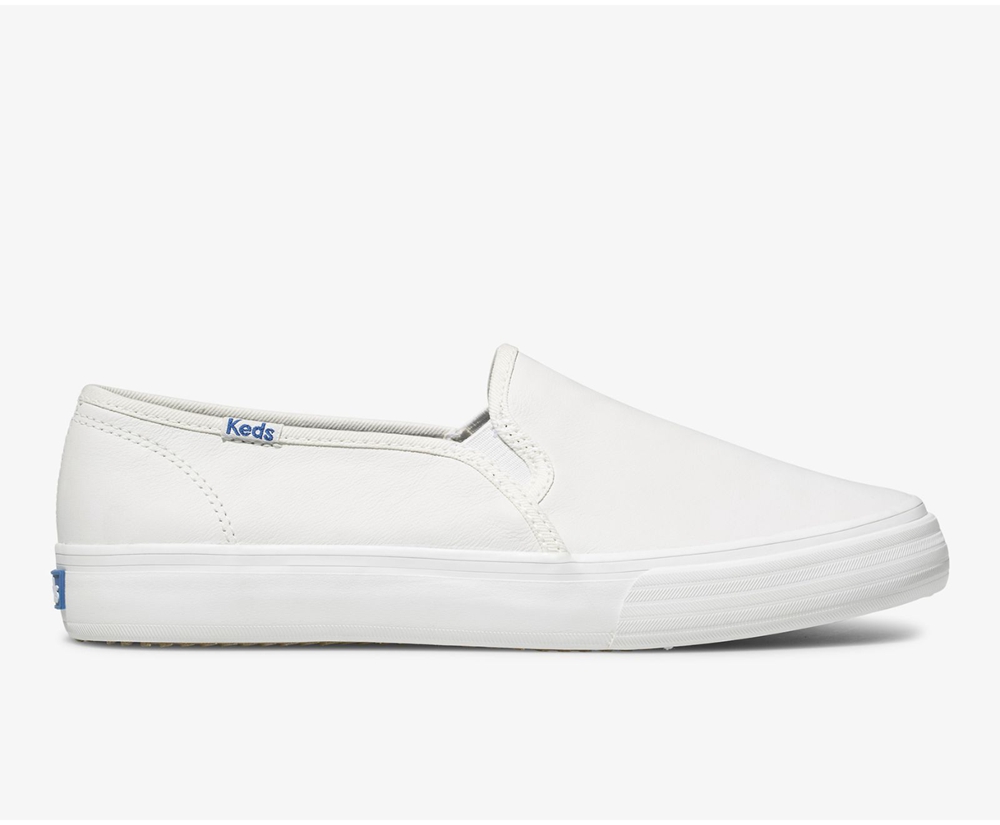 Slip Ons Keds Mujer Blancos - Double Decker Cuero - 9136-QVFZJ